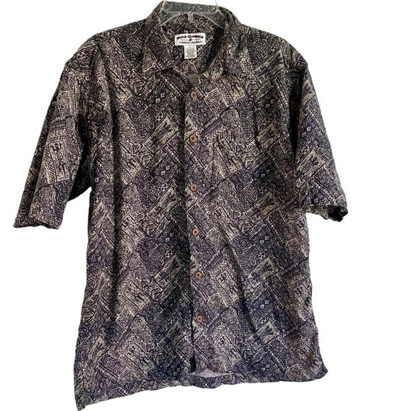 Boca Classics Short Sleeve Button Down Shirt Black Gray Aztec Print Men's Large - Picture 2 of 7